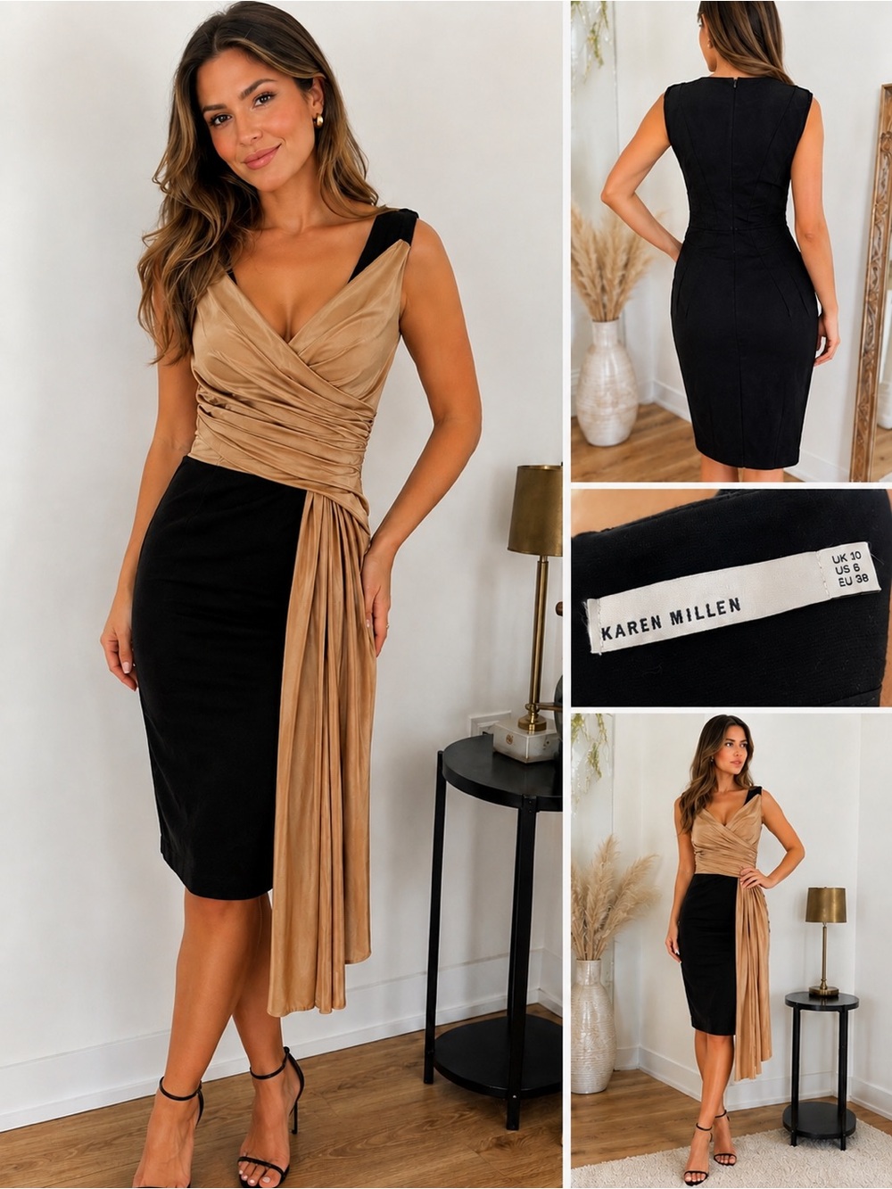 Beige Black Jersey Draped Cocktail Wiggle Pencil Dress UK 10 / EU 38 / US 6. - Picture 2 of 8
